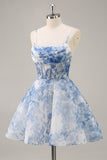 White Blue Flower A Line Corset Ruched Cocktail Dress