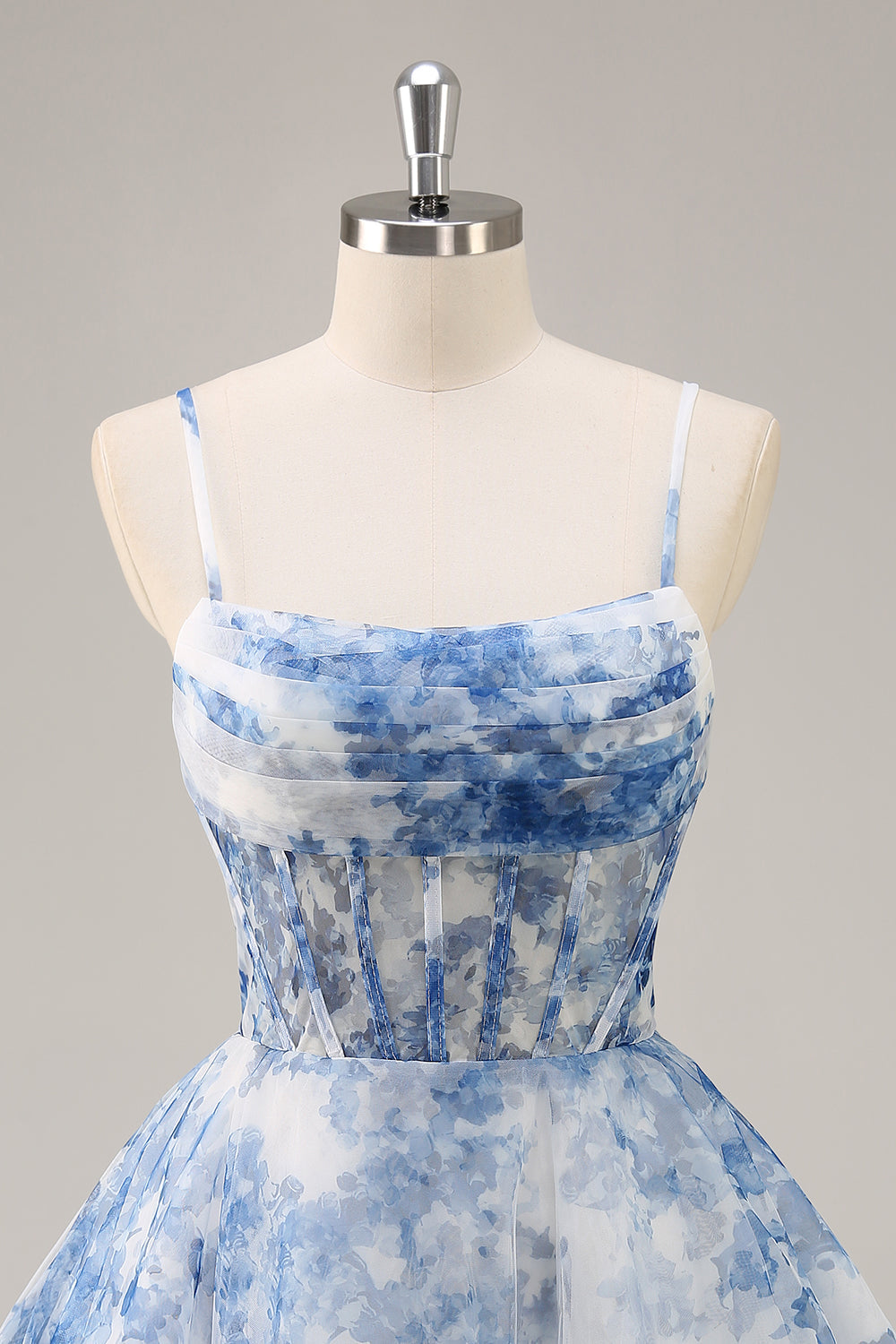 White Blue Flower A Line Corset Ruched Cocktail Dress
