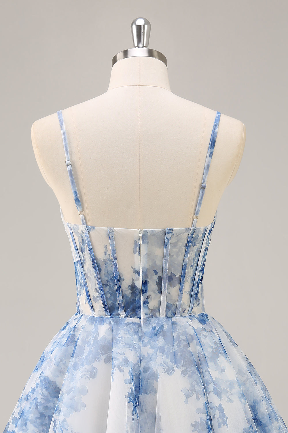 White Blue Flower A Line Corset Ruched Cocktail Dress