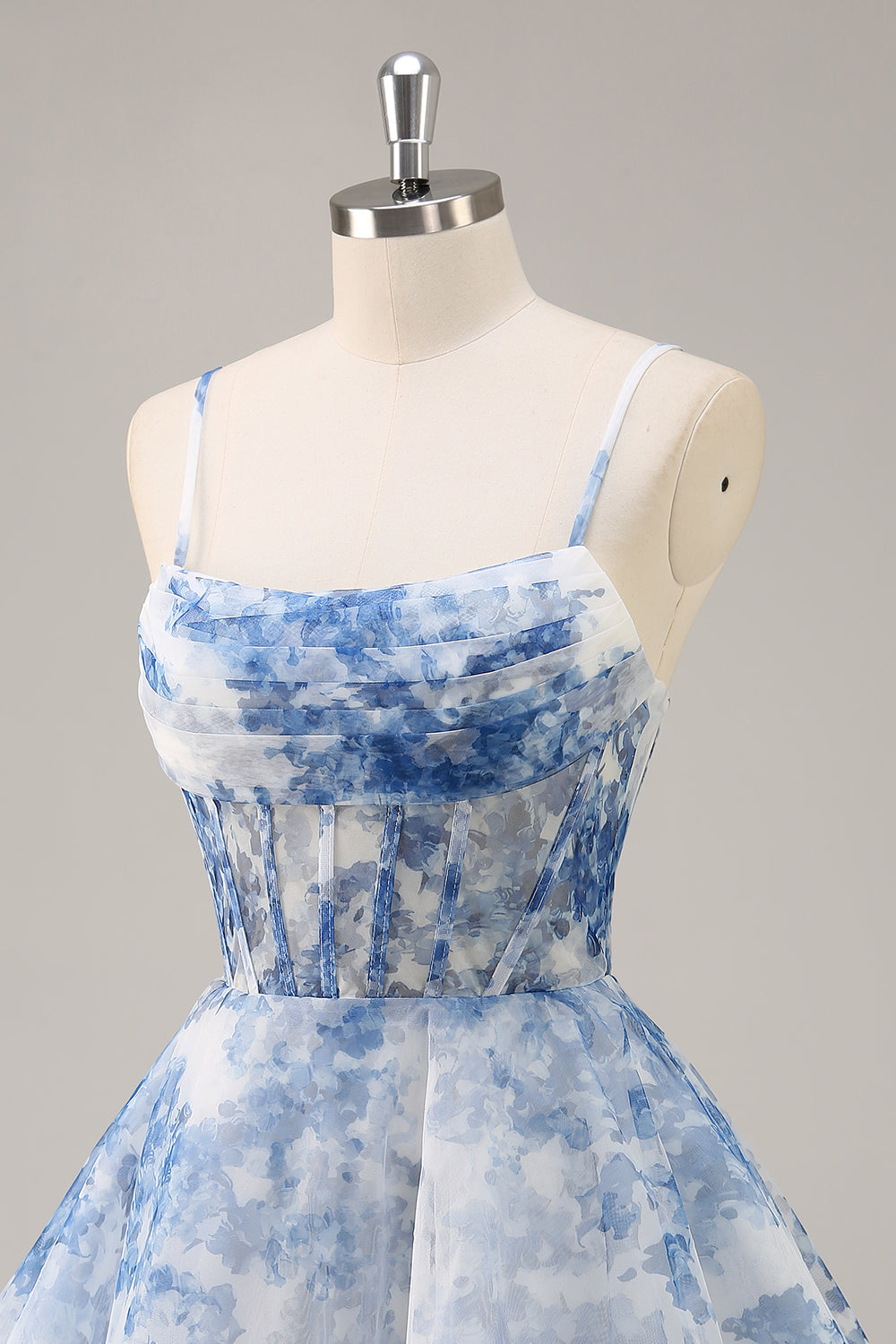 White Blue Flower A Line Corset Ruched Cocktail Dress
