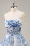 White Blue Flower A Line Corset Ruched Cocktail Dress