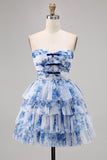 White Blue Flower A Line Strapless Tiered Corset Cocktail Dress with Lace Up Back