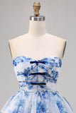White Blue Flower A Line Strapless Tiered Corset Cocktail Dress with Lace Up Back