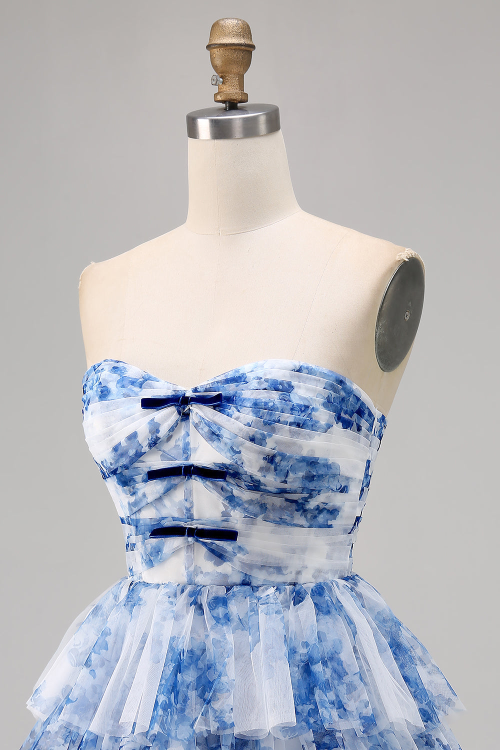 White Blue Flower A Line Strapless Tiered Corset Cocktail Dress with Lace Up Back