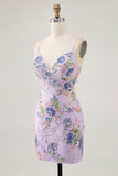 Bodycon Short Floral Peacock Cocktail Dress with Sequins