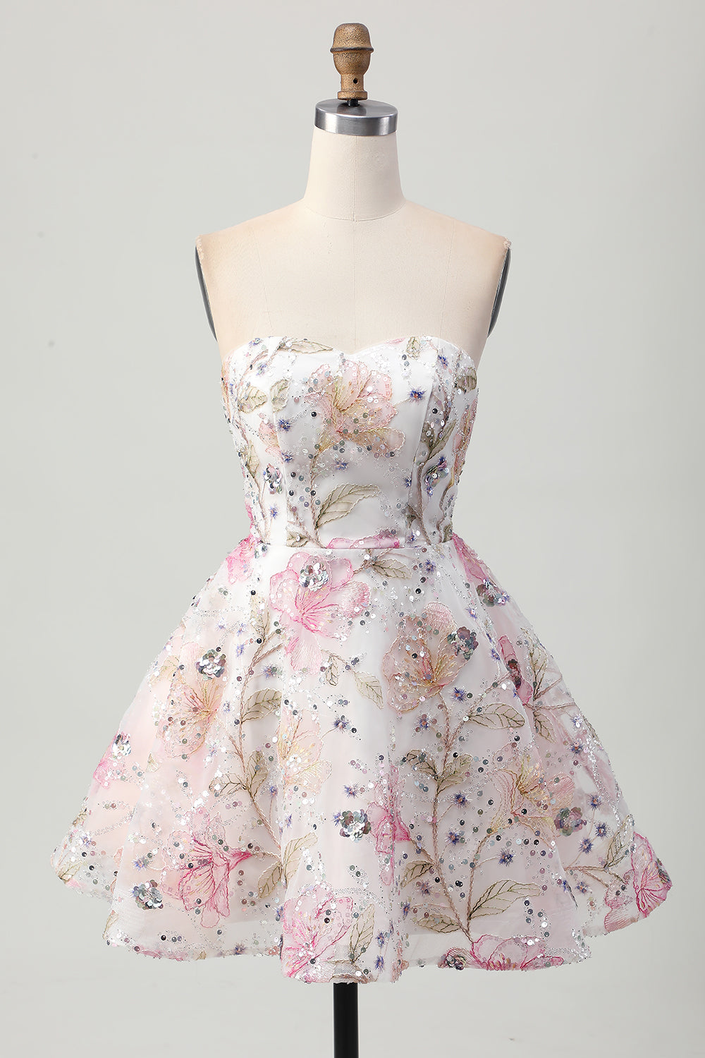 Sparkly A-Line Strapless Floral Short Prom Dress with Sequins