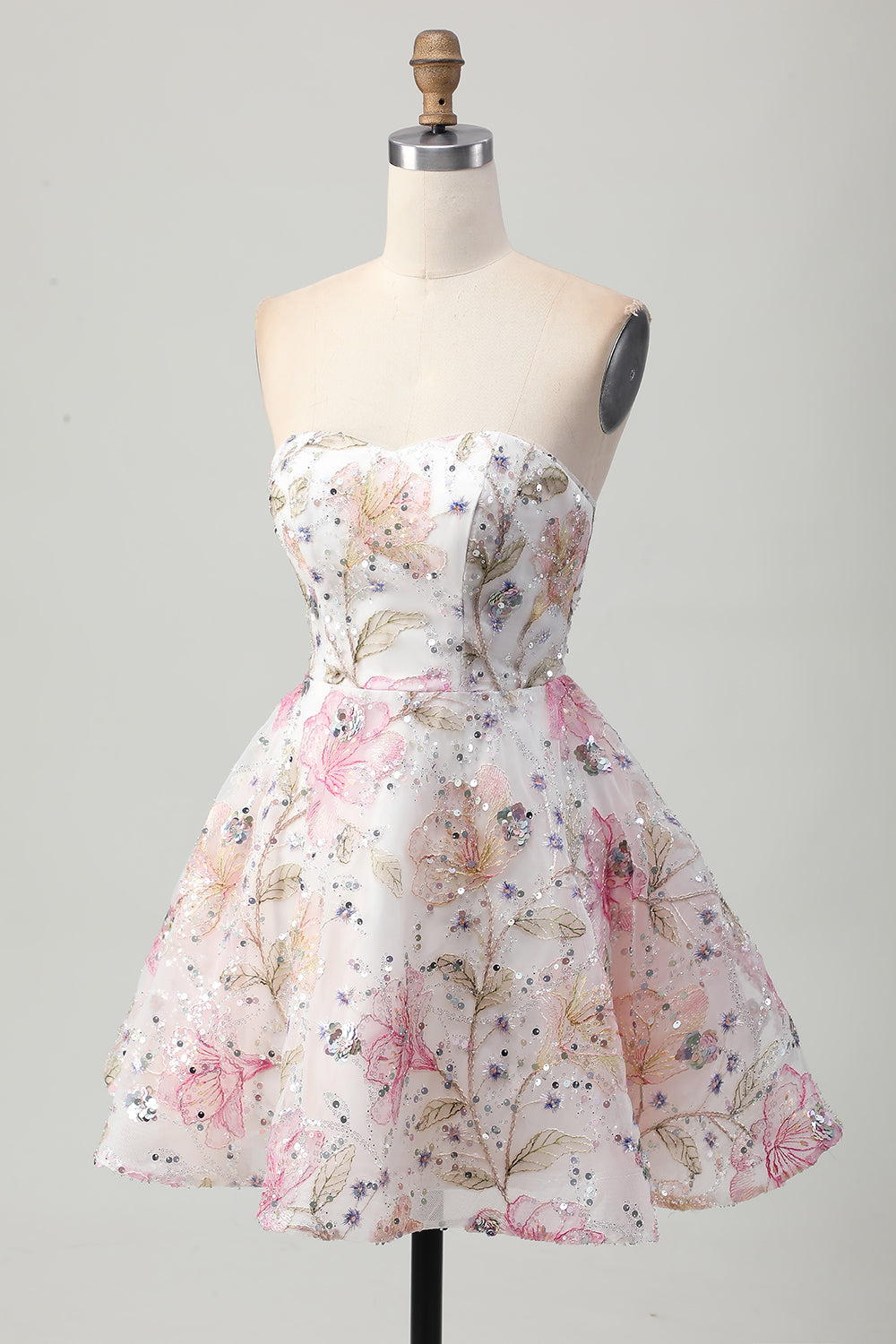 Sparkly A-Line Strapless Floral Short Prom Dress with Sequins