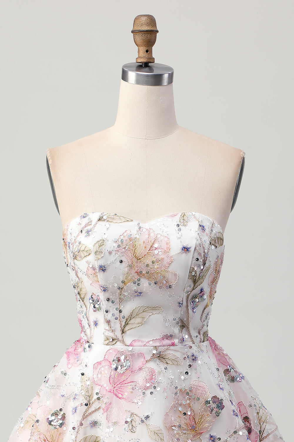 Sparkly A-Line Strapless Floral Short Prom Dress with Sequins