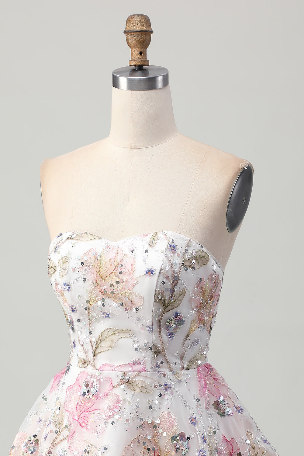 Sparkly A-Line Strapless Floral Short Prom Dress with Sequins