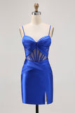 Royal Blue Sheer Corset Pleated Tight Short Prom Dress with Slit