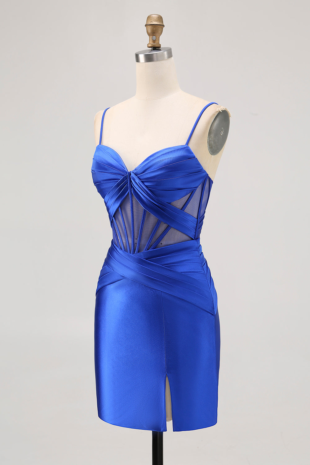 Royal Blue Sheer Corset Pleated Tight Short Prom Dress with Slit