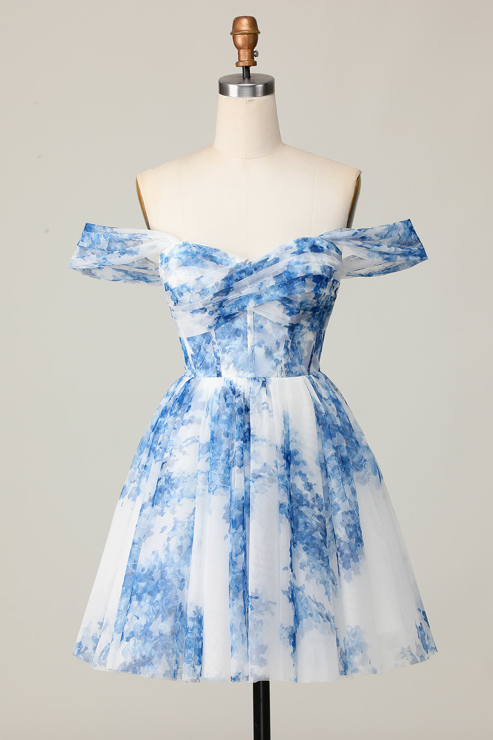 White Blue Flower Off the Shoulder A Line Short Prom Dress