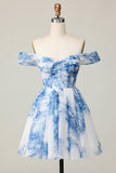 White Blue Flower Off the Shoulder A Line Short Prom Dress