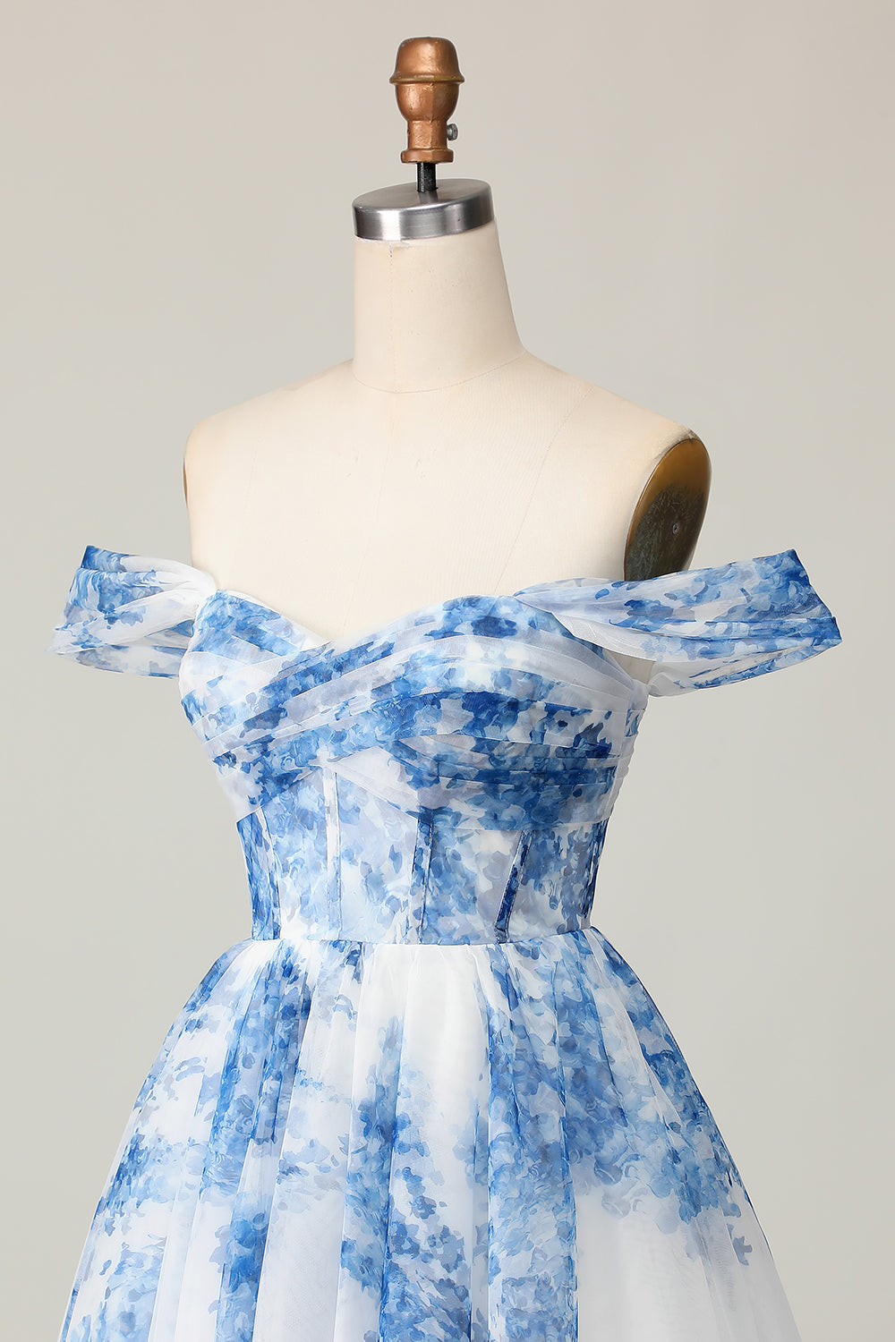 White Blue Flower Off the Shoulder A Line Short Prom Dress