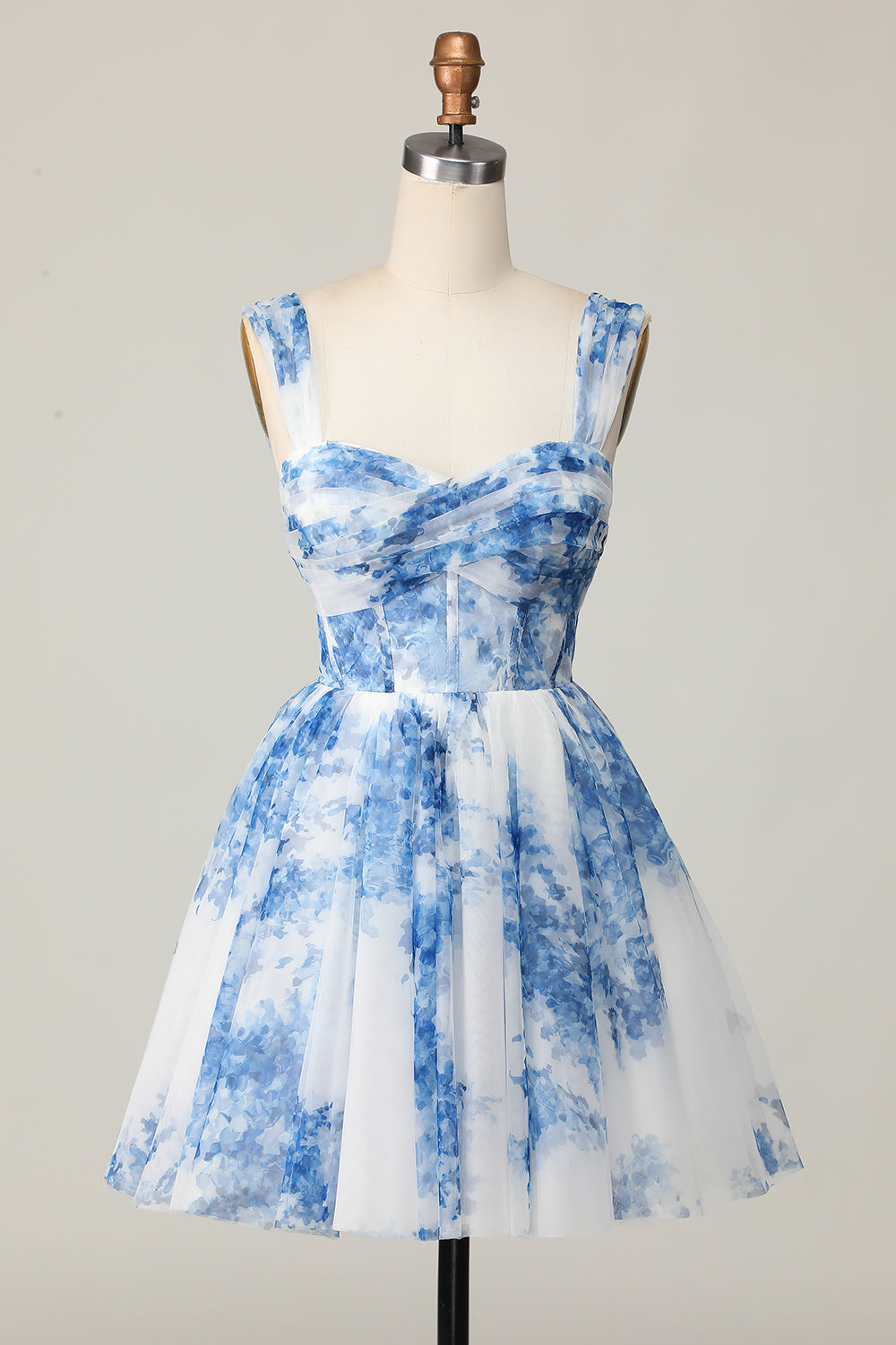 White Blue Flower Off the Shoulder A Line Short Prom Dress