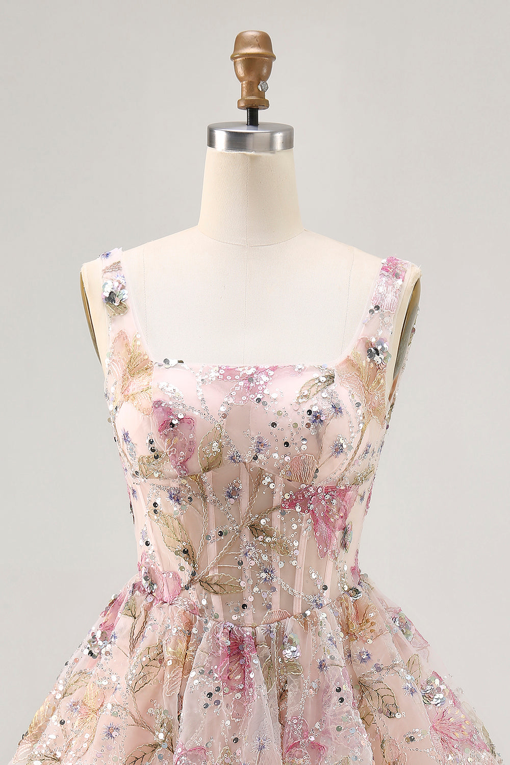 Sparkly Floral A-line Square Neck Sequins Short Prom Dress with Lace Up Back