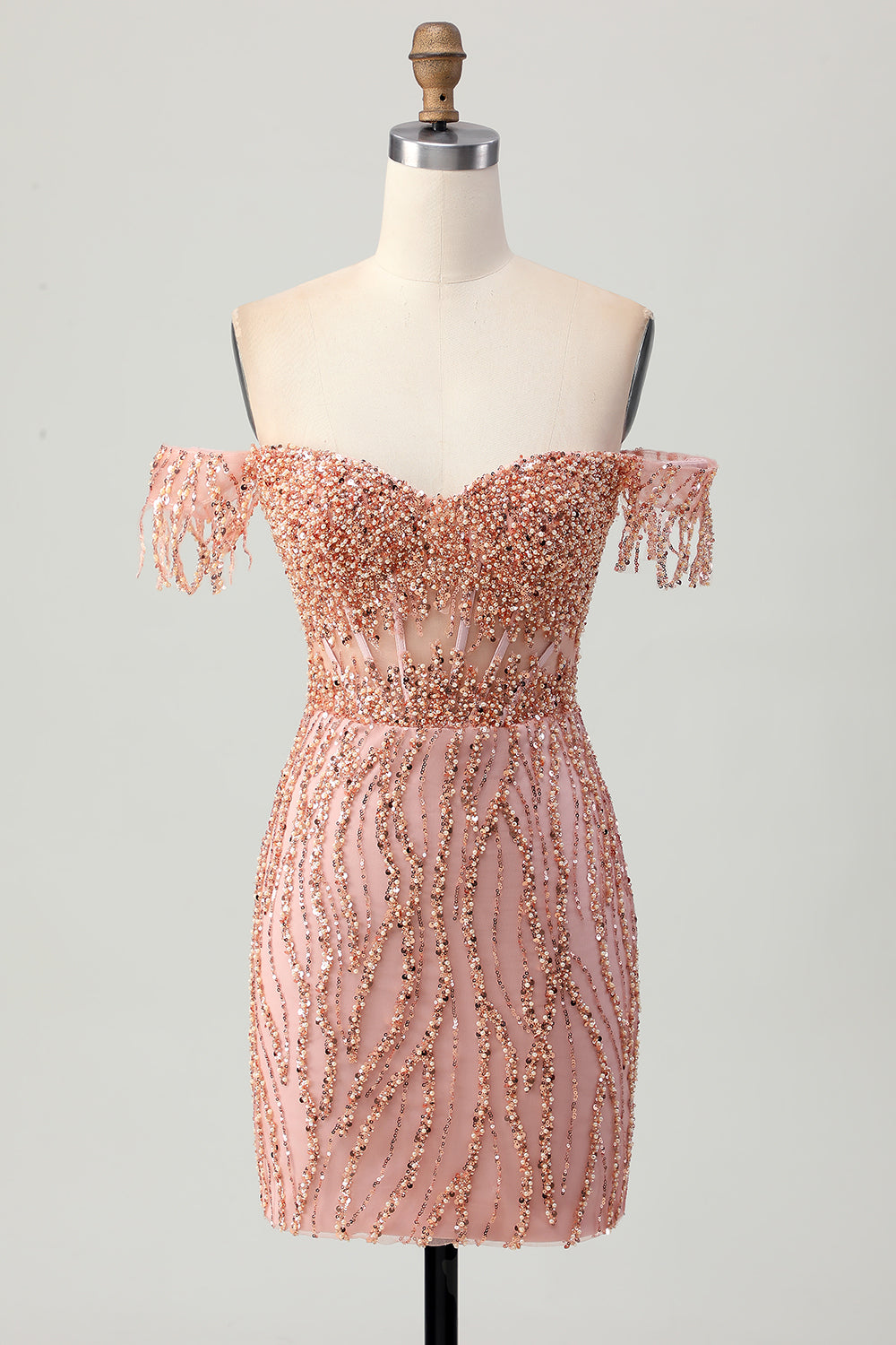 Off The Shoulder Dusty Rose Bodycon Corset Short Prom Dress with Beading