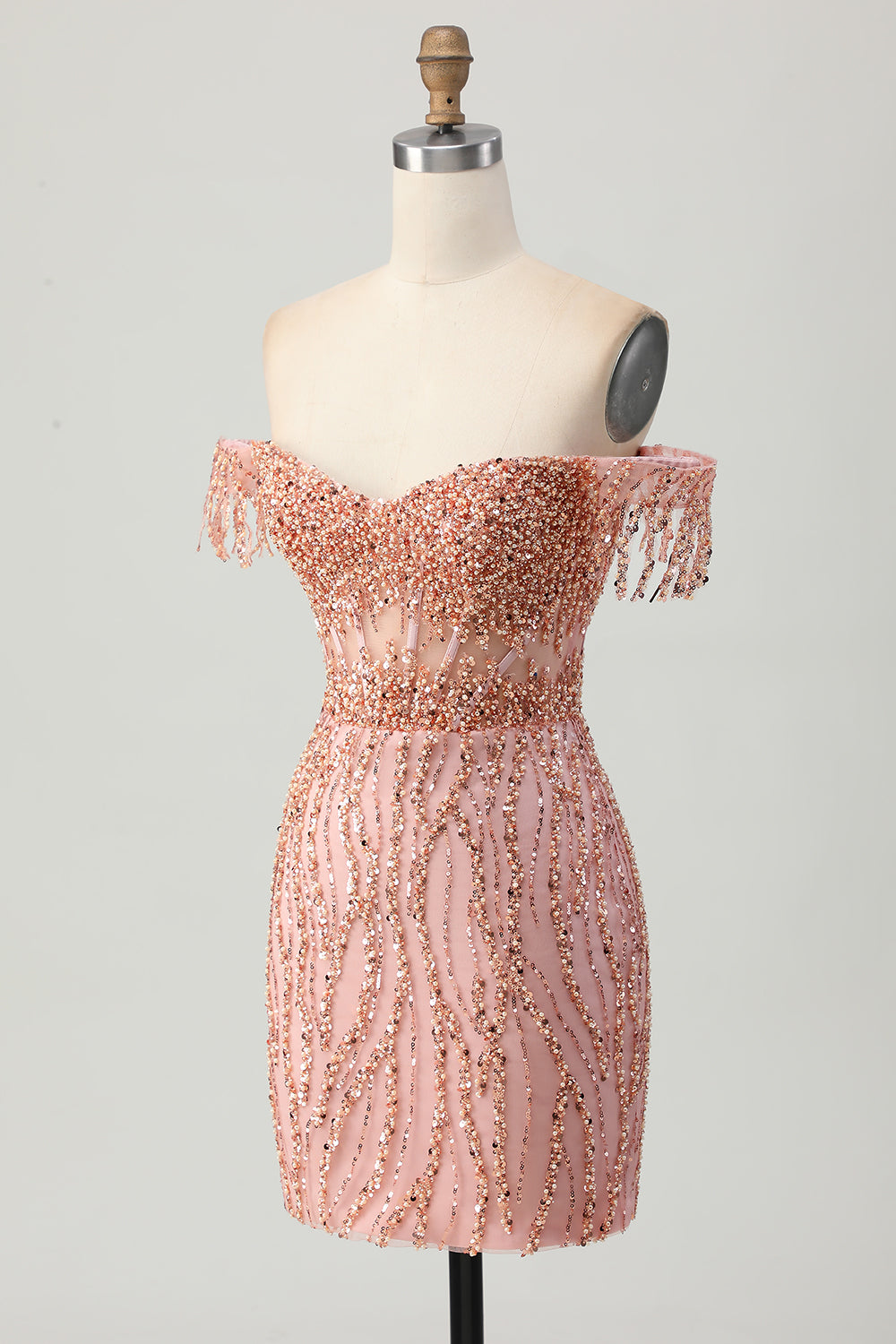 Dusty Rose Bodycon Off The Shoulder Corset Short Prom Dress with Beading