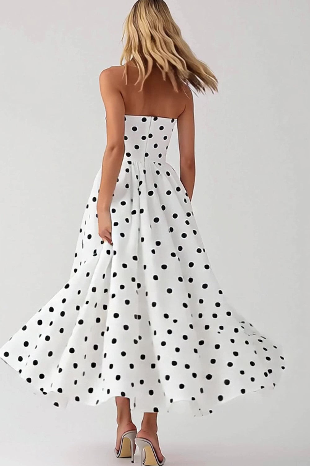 White Strapless A Line Black Polka Dots Dress