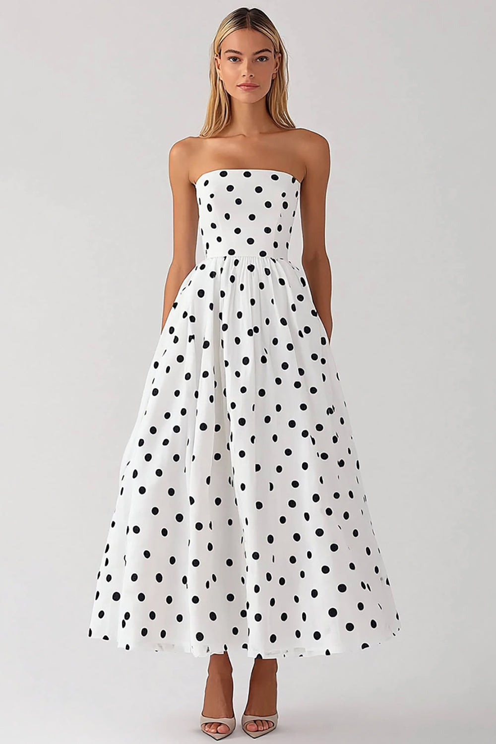 White Strapless A Line Black Polka Dots Dress