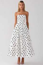 White Strapless A Line Black Polka Dots Dress