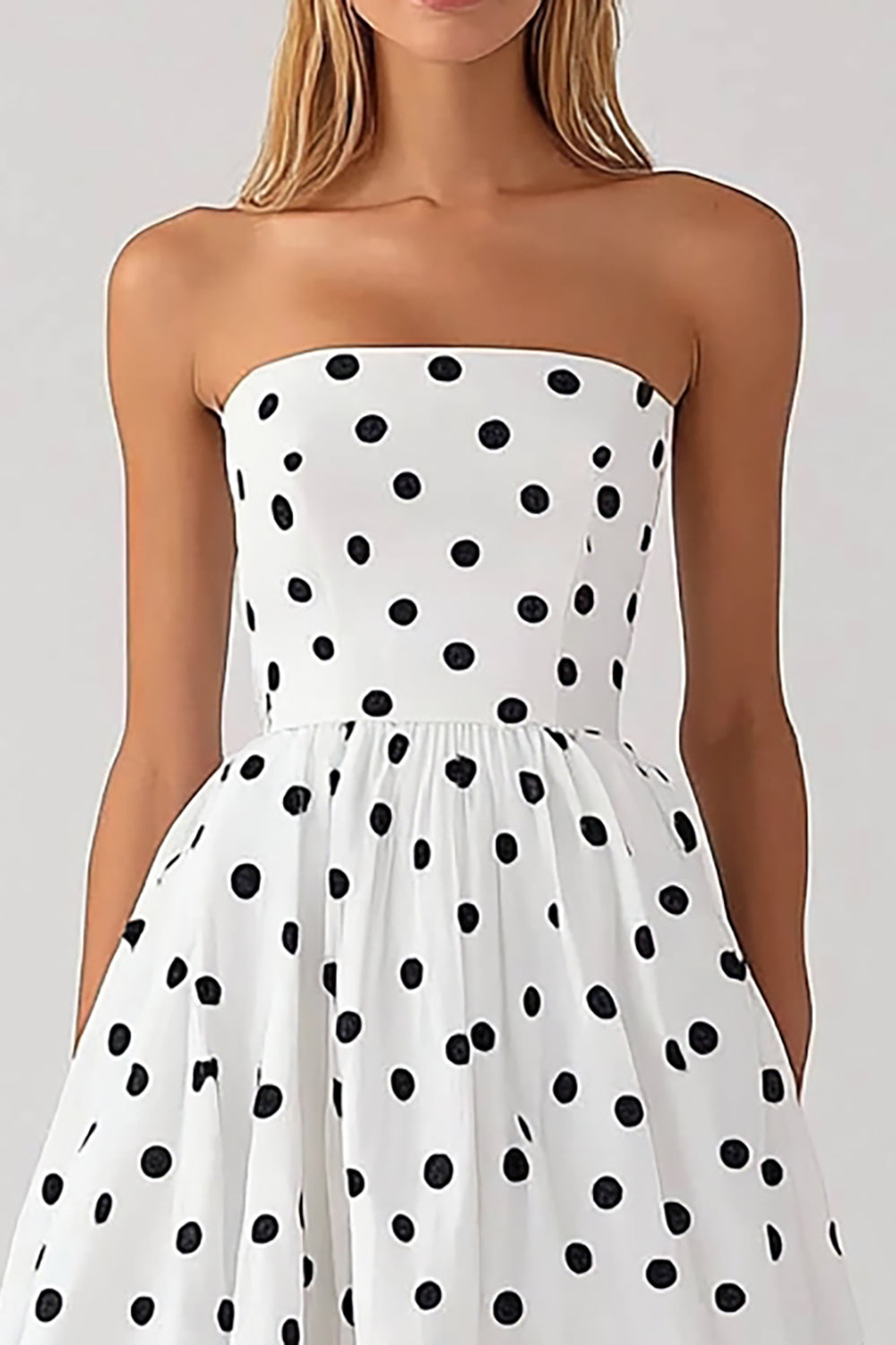 White Strapless A Line Black Polka Dots Dress