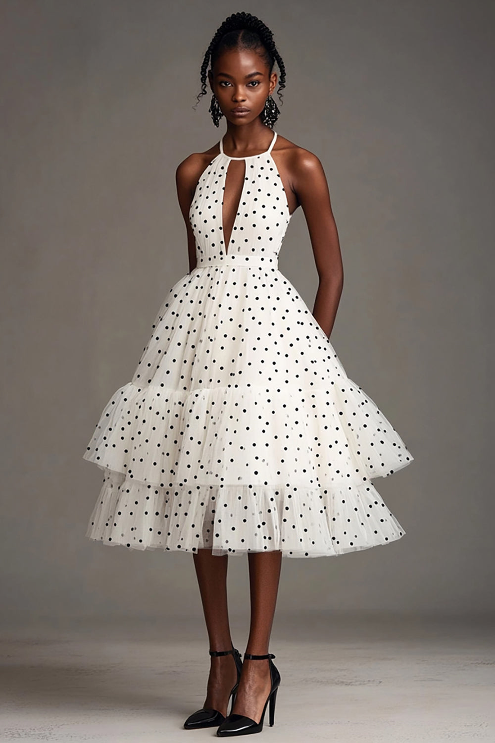 White A Line Halter Cut Out Black Polka Dot Dress