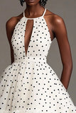 White A Line Halter Cut Out Black Polka Dot Dress