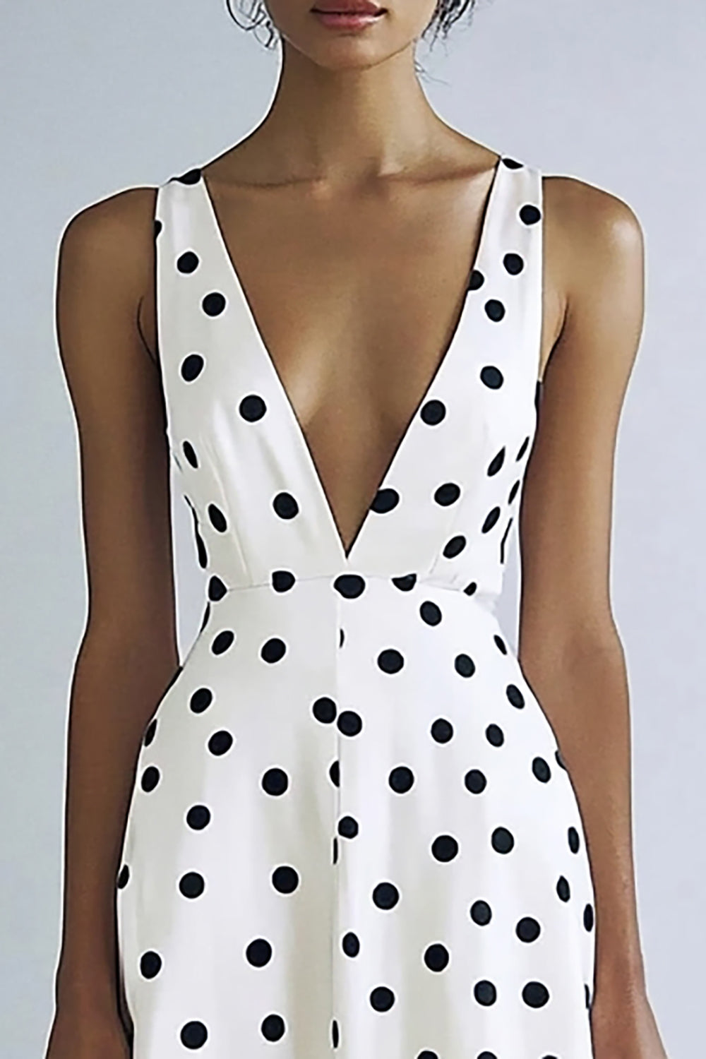 White A Line V-Neck Black Polka Dots Dress