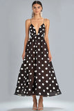 Coffee A-Line Spaghetti Straps White Polka Dots Dress