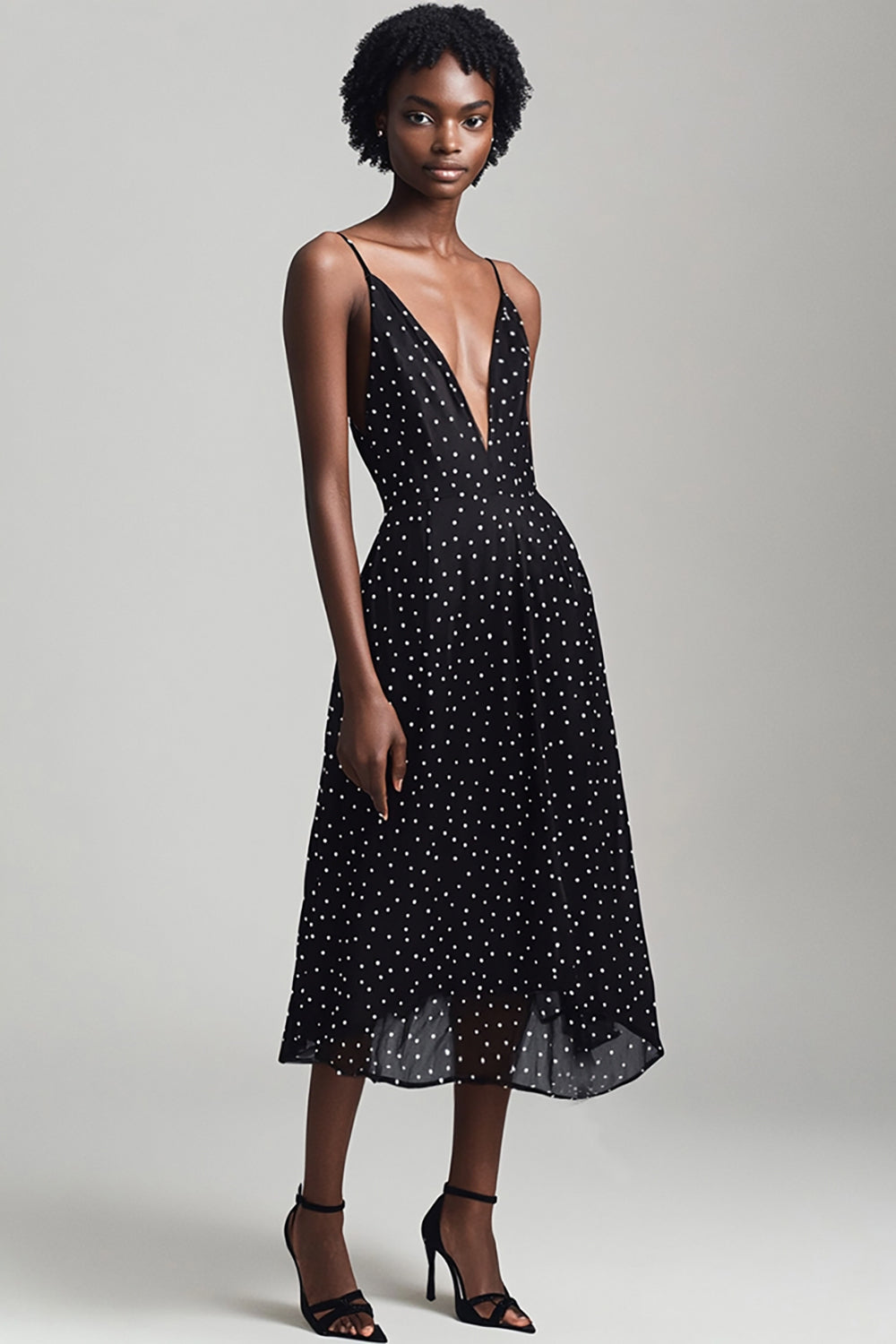 Black V Neck Spaghetti Straps A Line White Polka Dots Dress