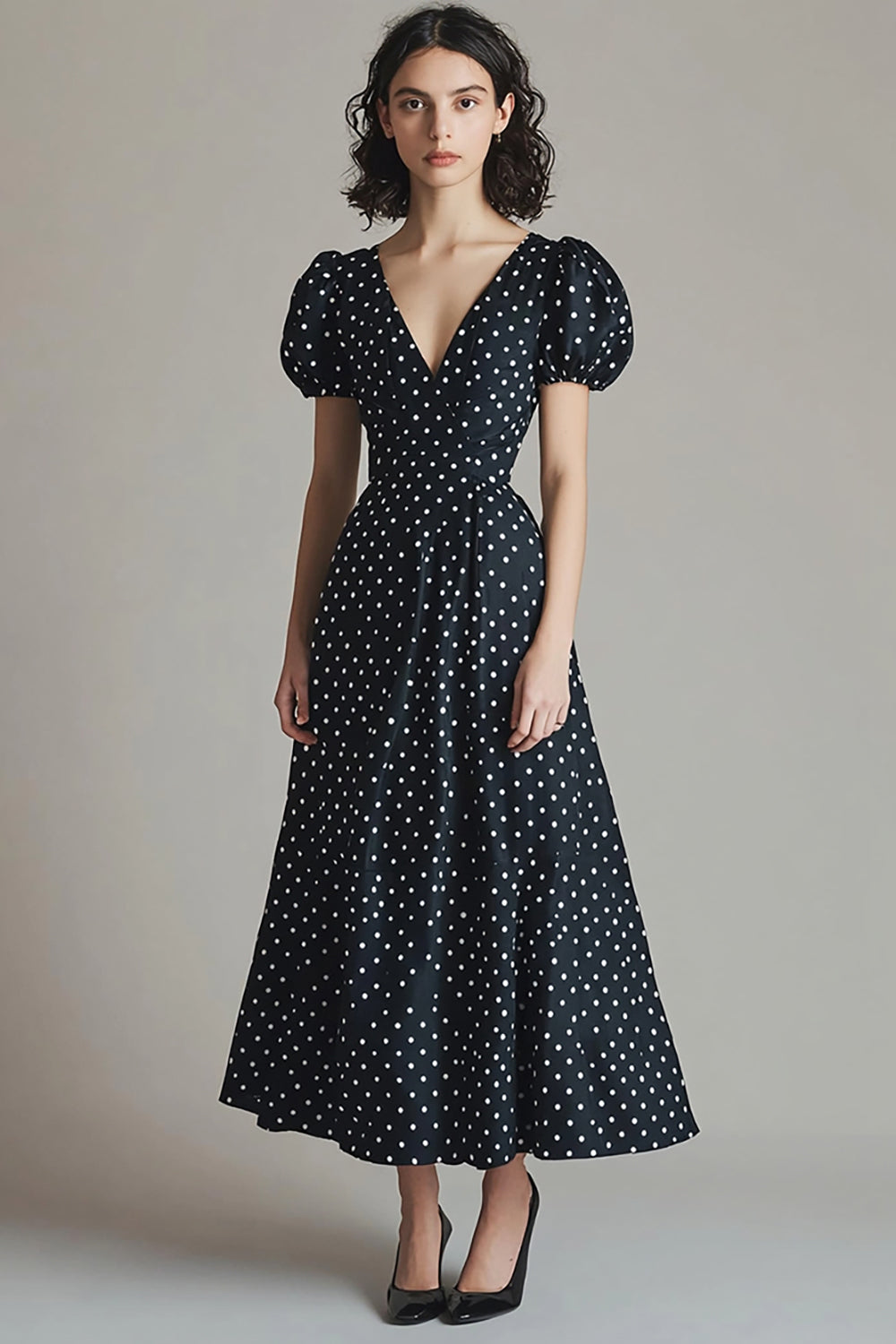 A Line Satin Black White Polka Dots Dress with Puff Sleeves