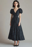 A Line Satin Black White Polka Dots Dress with Puff Sleeves