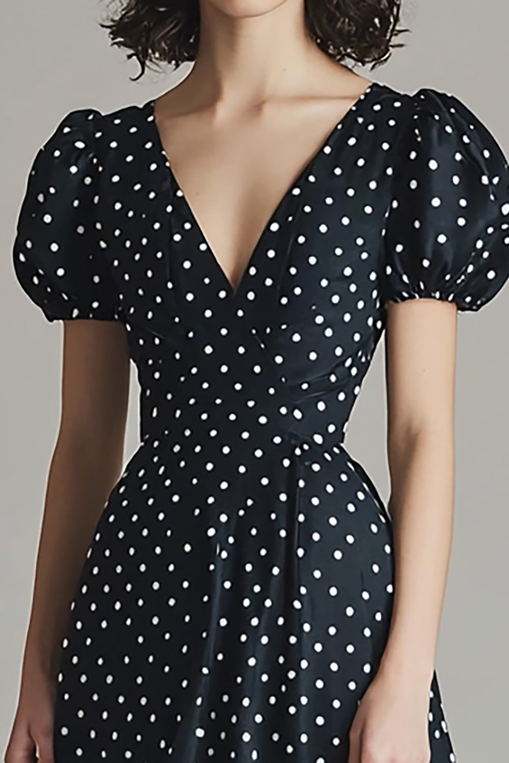 A Line Satin Black White Polka Dots Dress with Puff Sleeves