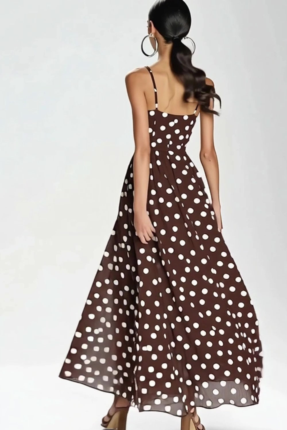 Coffee Spaghetti Straps Long A Line White Polka Dots Dress