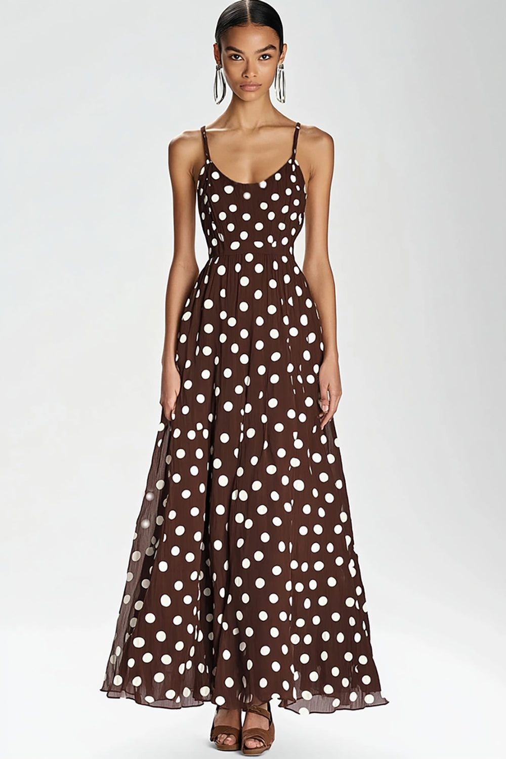 Coffee Spaghetti Straps Long A Line White Polka Dots Dress