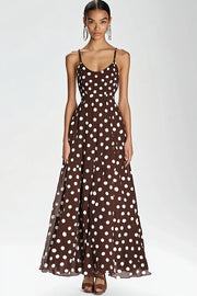 Coffee Spaghetti Straps Long A Line White Polka Dots Dress