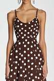 Coffee Spaghetti Straps Long A Line White Polka Dots Dress