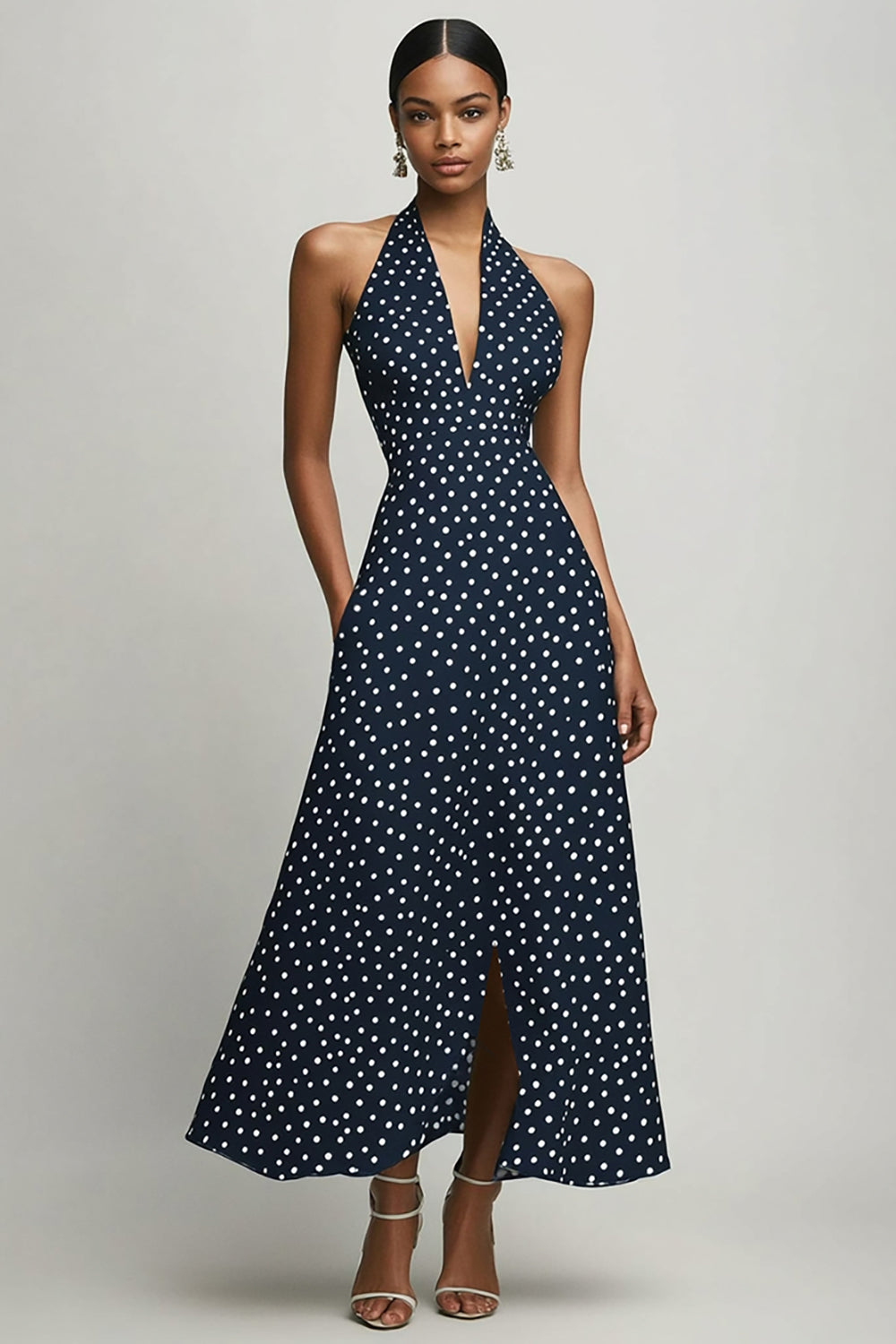 Navy A-Line Halter White Polka Dots Dress with Slit