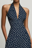 Navy A-Line Halter White Polka Dots Dress with Slit