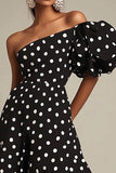 One Shoulder A Line Black White Polka Dots Dress