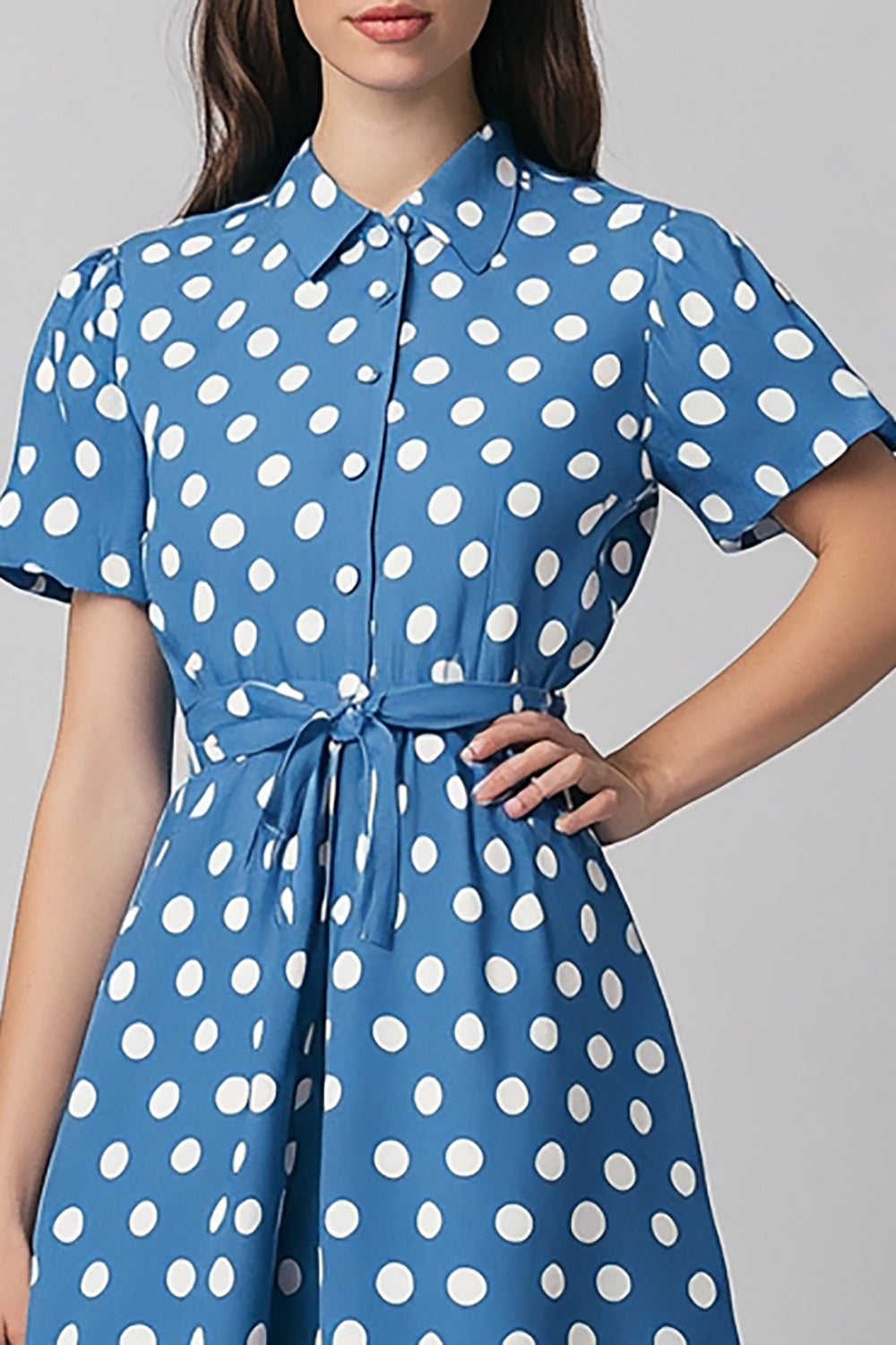 Blue A Line White Polka Dots Dress with Short Sleeves