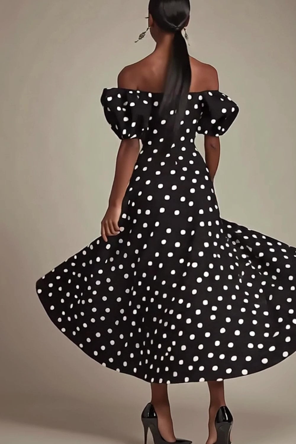 Black A Line Off The Shoulder White Polka Dots Dress with Slit