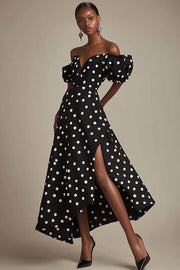 Black A Line Off The Shoulder White Polka Dots Dress with Slit