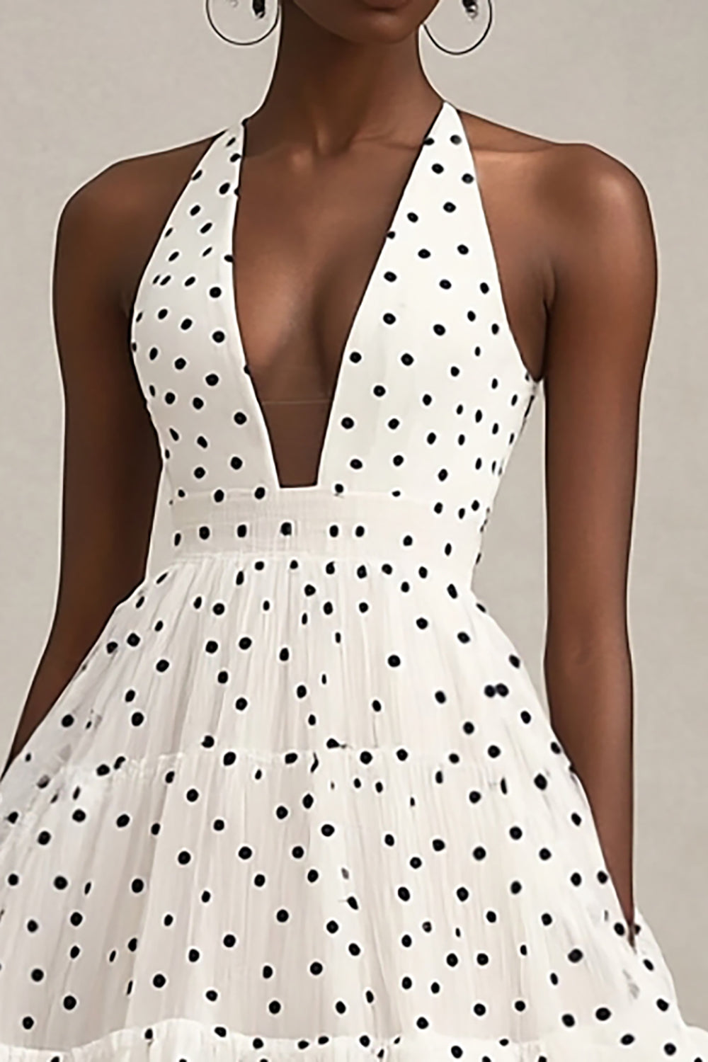 Halter A-Line Ruffle White Black Polka Dots Dress