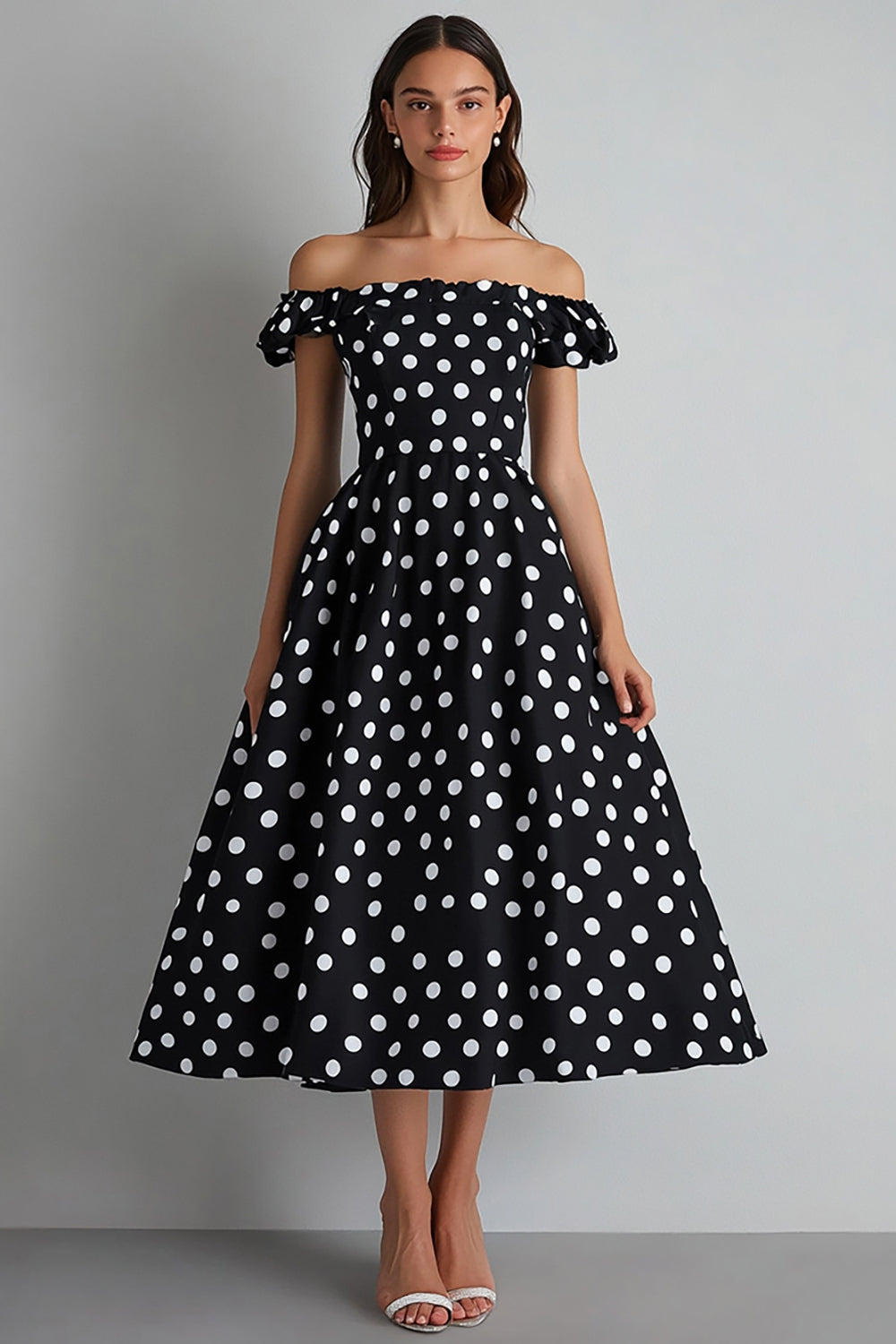 Off The Shoulder A Line Black White Polka Dots Dress