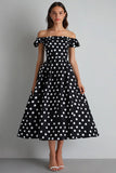 Off The Shoulder A Line Black White Polka Dots Dress