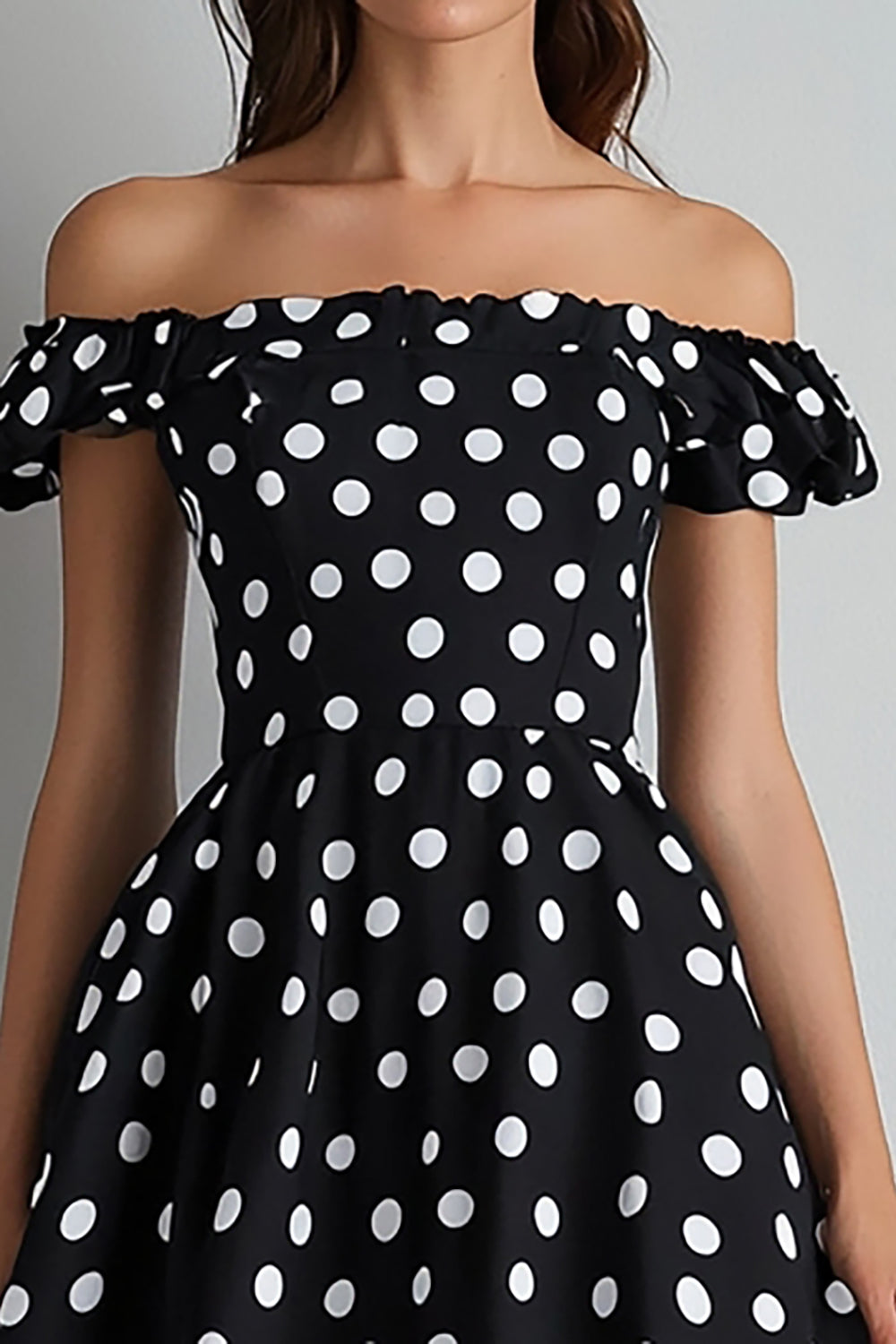 Off The Shoulder A Line Black White Polka Dots Dress