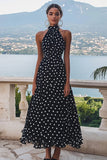 High Neck Black White A Line Polka Dots Dress