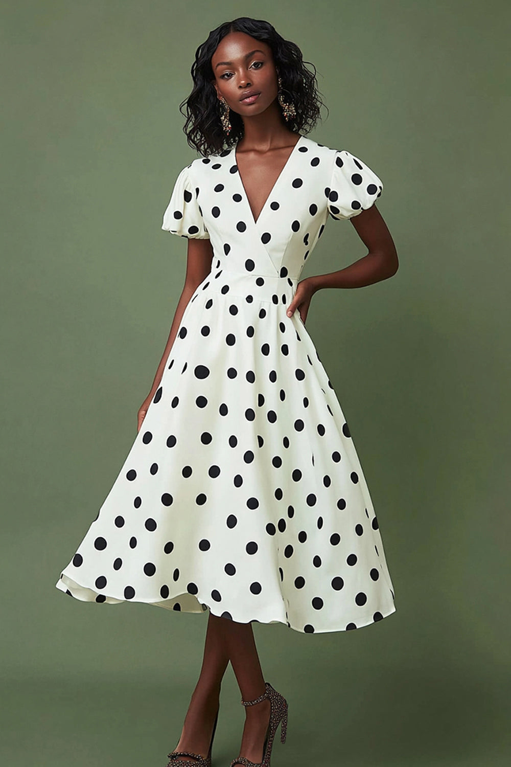 A Line White Black Polka Dot Dress with Puff Sleeves